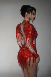 2025 New Arrival Sparkly Rhinestone Sequin Tassel Stretch Bodysuits Women Birthday Party Nightclub Dj Stage Performance Costume